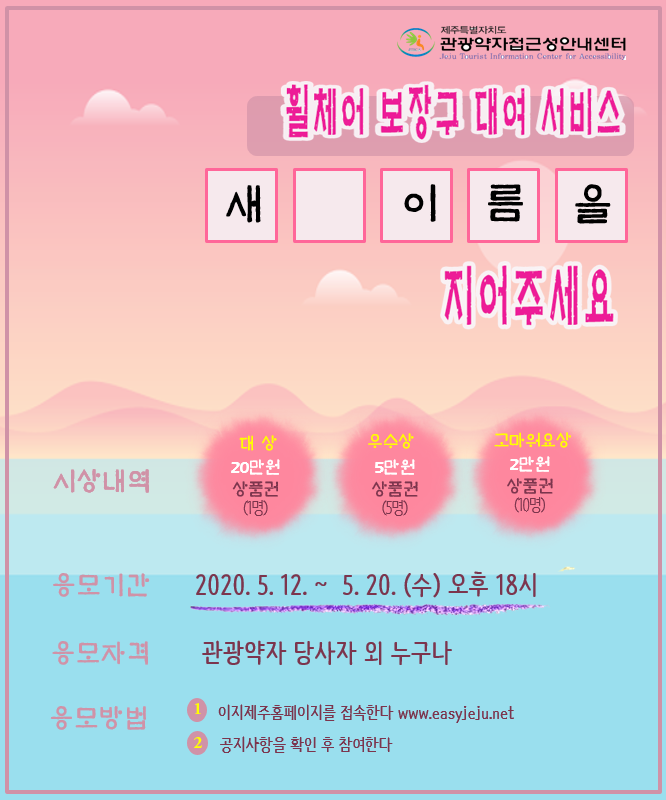 제주특별자치도 관광약자 접근성 안내센터 휠체어 보장구 대여 서비스 새 이름을 지어주세요 시상내역은 대상 20만원 상품권(1명), 우수상 5만원 상품권(5명), 고마워요상 2만원 상품권(10명)입니다. 응모기간은 2020년 5월 12일부터 2020년 5월 20일 수요일 오후 18시까지입니다. 응모자격은 관광약자 당사자 외 누구나입니다. 응모방법은 첫 번째 이지제주 홈페이지를 접속한다 www.easyjeju.net 두 번째 공지사항을 확인 후 참여한다. 위 내용과 관련된 휠체어 보장구 대여 서비스 이름 공모 포스터입니다.