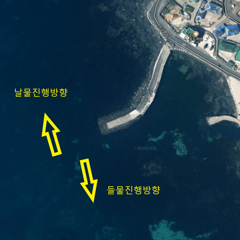 전흘동 포구 조류의 흐름 설명 사진입니다. 날물 진행 방향은 위쪽으로 들물진향방향은 아래쪽으로 설명하고 있습니다.