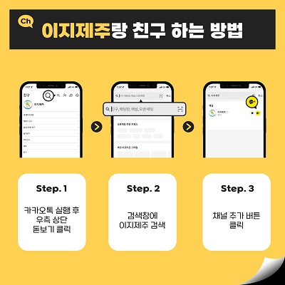 이지제주랑 친구하는 방법, 첫번째 카카오톡 실행 후 우측상단 돋보기 클릭, 두번째 검색창에 이지제주 검색, 세번째 채널 추가 버튼을 클릭하면 끝