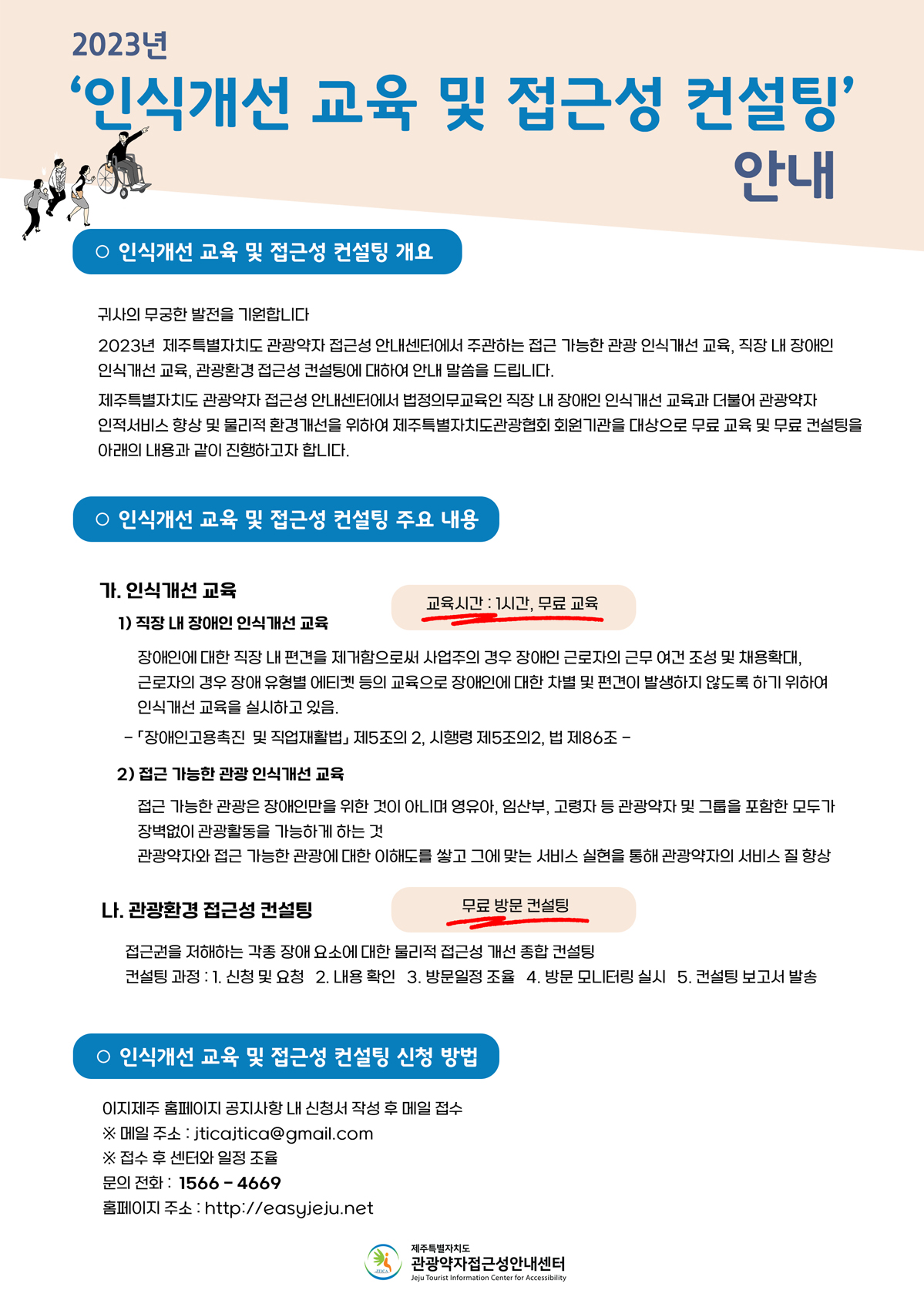 제주특별자치도 관광약자 접근성 안내센터에서 주관하는 관광 인식개선교육, 직장 내 인식개선 교육, 관광환경 접근성 컨설팅에 대하여 안내 말씀드립니다. 법정의무교육인 직장 내 장애인 인식개선 교육과 더불어 관광약자 인적서비스 향상 및 물리적 환경개선을 위하여 무료 교육 및 무료 컨설팅을 진행하고자 합니다. 신청 방법은 첨부되어있는 신청서를 작성 후 메일 접수입니다. 또한, 일정의 경우 센터와 조율을 통하여 정해집니다. 메일주소는 jticajtica@gmail.com입니다. 위 내용과 관련한 홍보 포스터 사진입니다. 2023년 인식개선 교육 및 접근성 컨설팅 안내 인식개선 교육 및 접근성 컨설팅 개요 귀사의 무궁한 발전을 기원합니다. 2023년 제주특별자치도 관광약자 접근성 안내센터에서 주관하는 접근 가능한 관광 인식개선 겨육, 직장 내 장애인 인식개선 교육, 관광환경 접근성 컨설팅에 대하여 안내 말씀을 드립니다. 제주특별자치도 관광약자 접근성 안내센터에서 법정의무교육인 직장 내 장애인 인식개선 교육과 더불어 관광약자 인적서비스 향상 및 물리적 환경개선을 위하여 제주특별자치도관광협회 회원기관을 대상으로 무료 교육 및 무료 컨설팅을 아래의 내용과 같이 진행하고자 합니다. 인식개선 교육 및 접근성 컨설팅 주요 내용 가. 인식 개선 교육 교육시간:1시간, 무료 교육 1)직장 내 장애인 인식개선 교육 장애인에 대한 직장 내 편견을 제거함으로써 사업주의 경우 장애인 근로자의 근무 여건 조성 및 채용확대, 근로자의 경우 장애 유형별 에티켓 등의 교육으로 장애인에 대한 차별 및 편견이 발생하지 않도록 하기 위하여 인식개선 교육을 실시하고 있음 -장애인고용촉진 및 직업재활법 제5조의 2,시행령 제5조의 2,법 제86조- 2)접근 가능한 관광 인식개선 교육 접근 가능한 관광은 장애인만을 위한 것이 아니며 영유아, 임산부, 고령자 등 관광약자 및 그룹을 포함한 모두가 장벽없이 관광활동을 가능하게 하는 것. 관광약자와 접근 가능한 관광에 대한 이해도를 쌓고 그에 맞는 서비스 실현을 통해 관광약자의 서비스 질 향상. 나.관광환경 접슨성 컨설팅 무료 방문 컨설팅 접근성을 저해하는 각종 장애 요소에 대한 물리적 접근성 개선 종합 컨설팅 컨설팅 과정:1.신청 및 요청 2.내용 확인 3.방문일정 조율 4.방문 모니터링 실시 5.컨설팅 보고서 발송 인색개선 교육 및 접근성 컨설팅 신청 방법 이지제주 홈페이지 공지사항 내 신청서 작성 후 메일 접수 메일 주소:jticajtica@gmail.com 접수 후 센터와 일정 조율 문의 전화:1566-4669 홈페이지 주소: https://easyjeju.net 이라는 내용입니다.