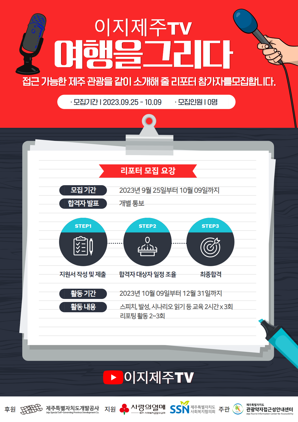 이지제주TV 리포터 모집 포스터입니다.  이지제주TV 여행을 그리다. 접근 가능한 제주 관광을 같이 소개해 줄 리포터 참가자를모집합니다. 모집 기간:2023.09.25~10.09, 모집 인원:0명, 리포터 모집 요강, 모집 기간:2023년 9월 25일부터 10월 9일까지, 합격자 발표: 개별 통보,  step1 지원서 작성 및 제출, step 2 합격자 대상자 일정 조율, step3 최종 합격, 활동 기간:2023년 10월 9일부터 12월 31일까지, 활동 내용: 스피치, 발성, 시나리고 읽기 등 교육 2시간 x 3회 리포팅 활동 2~3회라는 내용입니다.